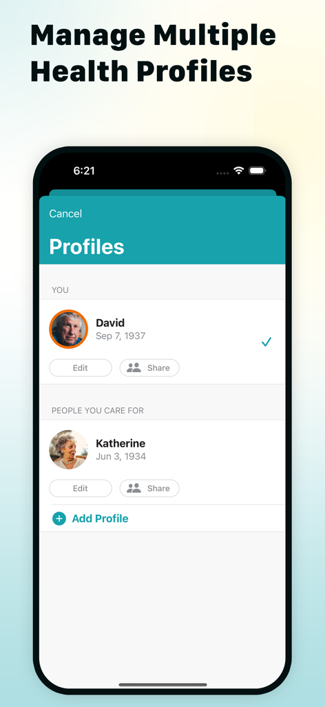Medication Reminder & Pill Log - Mobile App-Bildschirm mit mehreren Gesundheitsprofilen für Familienmitglieder und Betreuer
