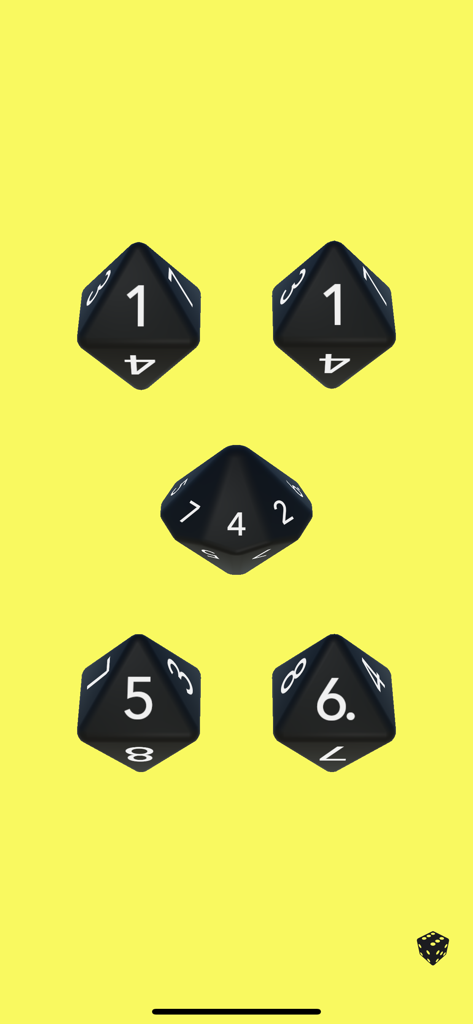 Cinco dados D8 pretos em um fundo amarelo no aplicativo Dice Dice Pro.