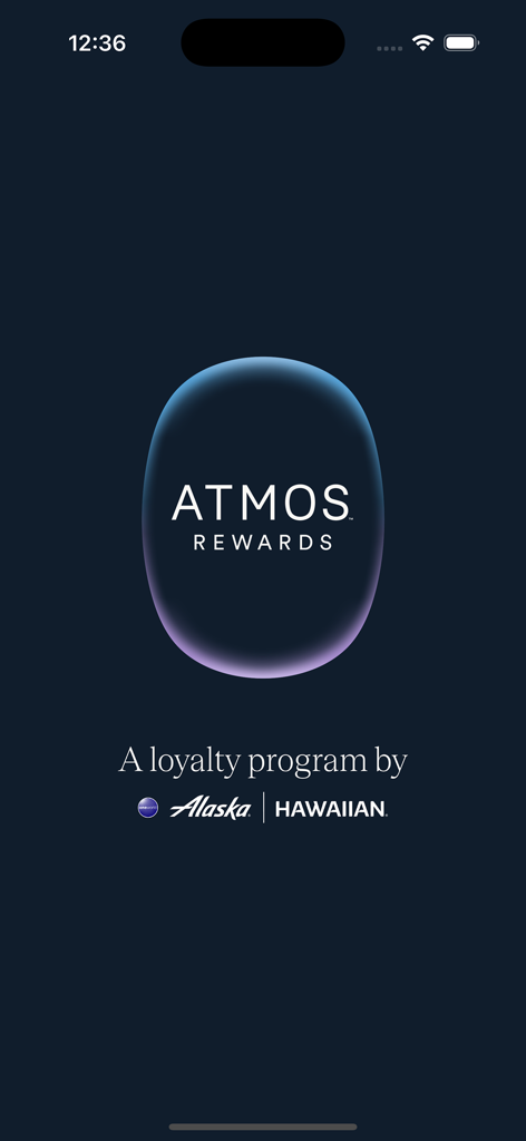 Atmos Rewards welcome screen featuring the program logo and Alaska Airlines and Hawaiian Airlines partnership information