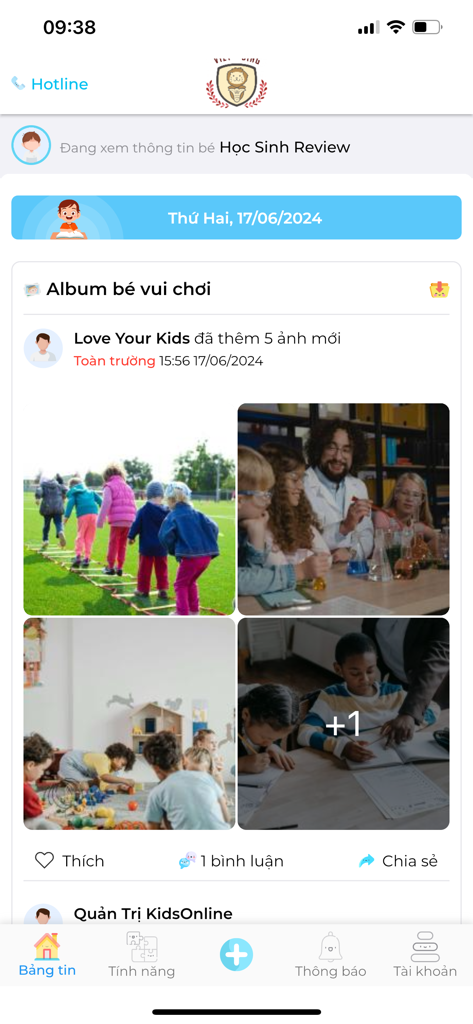 KidsOnline - KidsOnline mobile app interface showing a school newsfeed with a photo album of children engaged in various classroom and outdoor activities.
