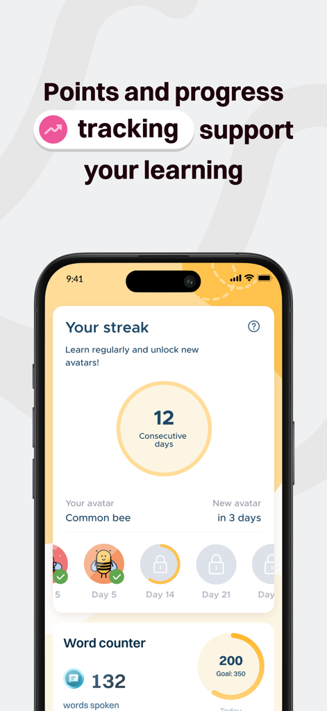 A screenshot of the BeeSpeaker app showing a 12 day learning streak and word counter