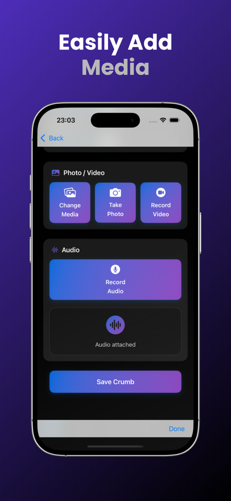 Interfaz para añadir fotos, videos y grabaciones de audio a una migaja de memoria personal