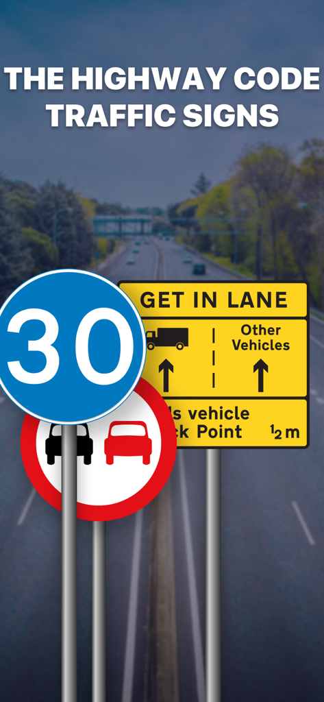 Road Signs AI: Test & Theory - Graphic display of various road signs including speed limit and lane guidance with the text The Highway Code Traffic Signs