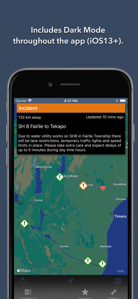 NZ Roads Traffic and Cameras app showing an incident report on a map in dark mode