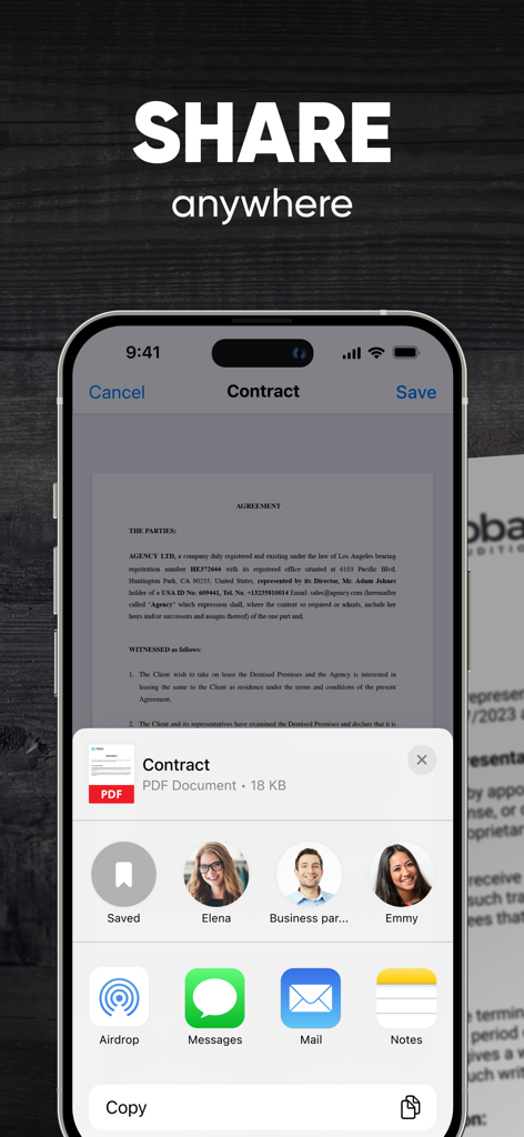 Scanner App. JPG, Photo to PDF - 이메일 및 메시징 옵션으로 스캔한 PDF 계약서의 공유 메뉴를 보여주는 스마트폰