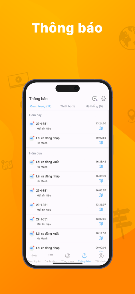 Mobile app screen showing a list of vehicle security alerts and driver login notifications