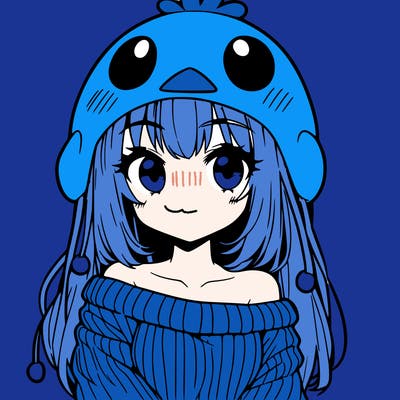 anime girl with chick shaped hat with sweater with bare shoulders with bangs covering them one eye with low tail
