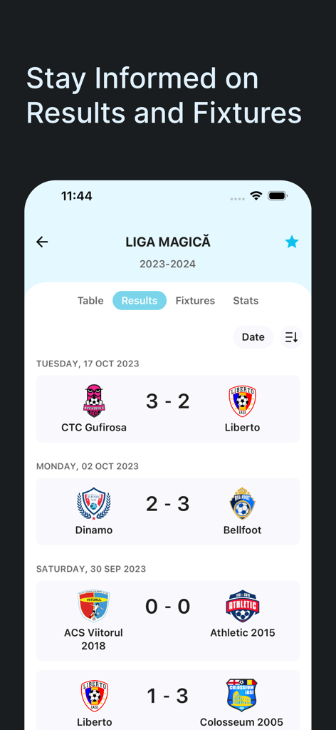 Turneo - Mobile app interface showing soccer league match results with team logos and scores