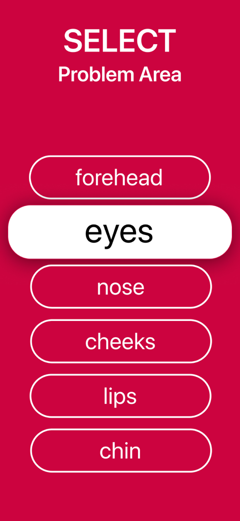 Interface of the Face Yoga app showing the selection of a facial problem area with eyes highlighted