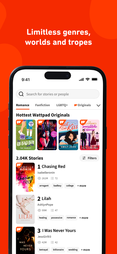 Wattpad mobile app screen displaying top original stories and genre categories like Romance and Fanfiction