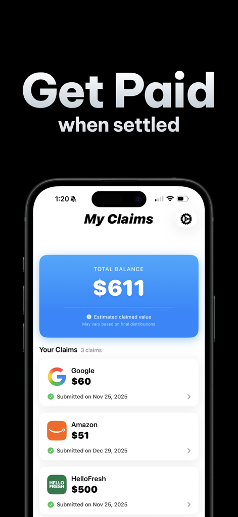 Mobile app screen showing a summary of submitted class action claims with a total estimated payout of 611 dollars.