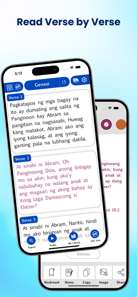 iPhone interface of the Tagalog Bible app displaying the Read Verse by Verse feature with scriptures from Genesis in Tagalog.