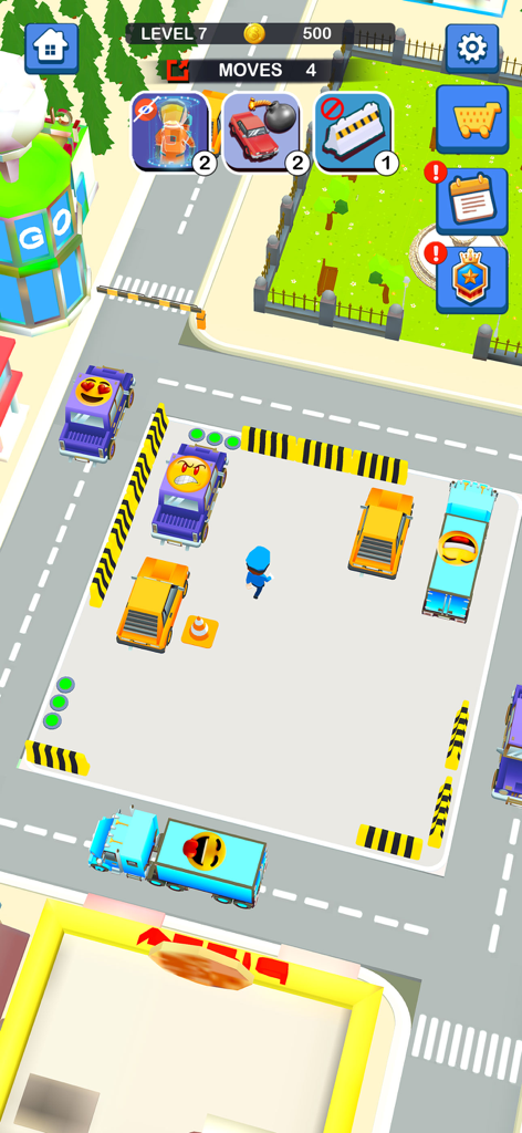 Top-down view of a car parking puzzle game with emoji-faced cars in a 3D city environment