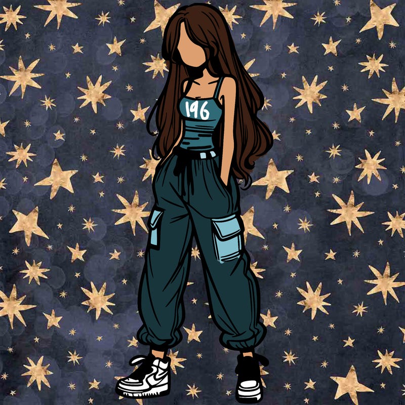 girl in baggy pants crop top and long hair