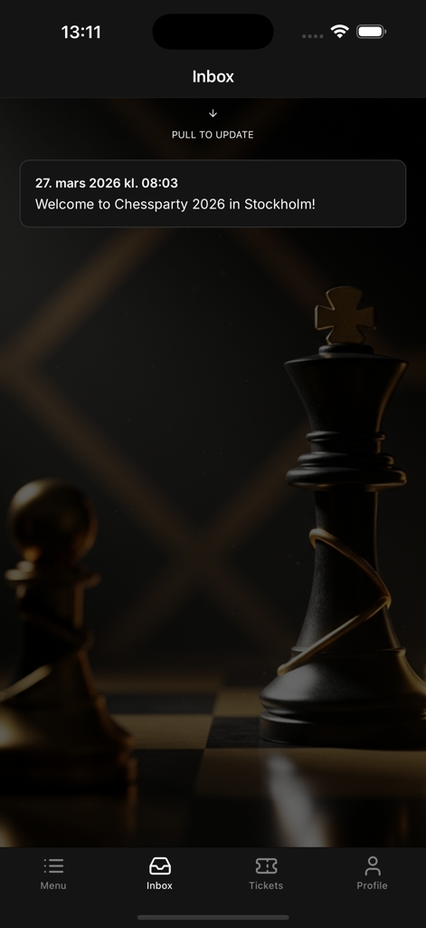 Chessparty 2026 - Inbox screen of the Chessparty 2026 app featuring a welcome message and chess piece imagery.