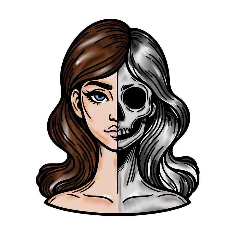 bust of a woman, half face and hair, half skull