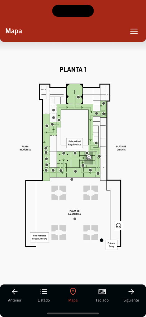Palacio Real de Madrid - Plan interactif du Palais Royal de Madrid montrant l'itinéraire de visite et l'emplacement des salles