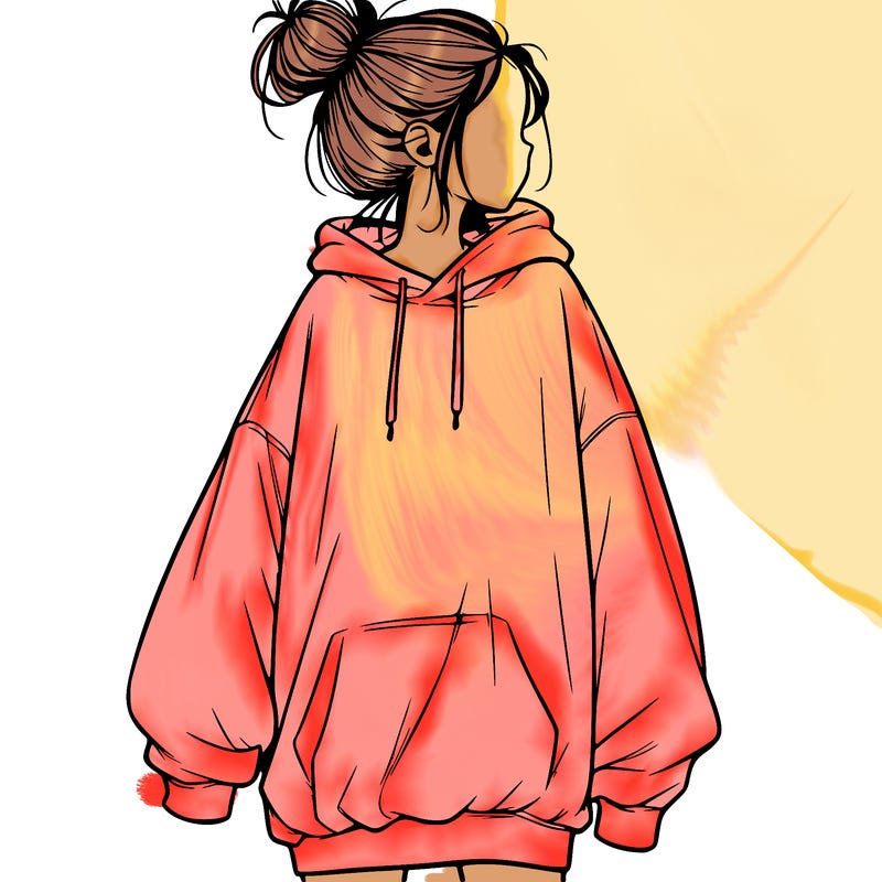 realistic girl with a oversized sweatshirt on and a bun