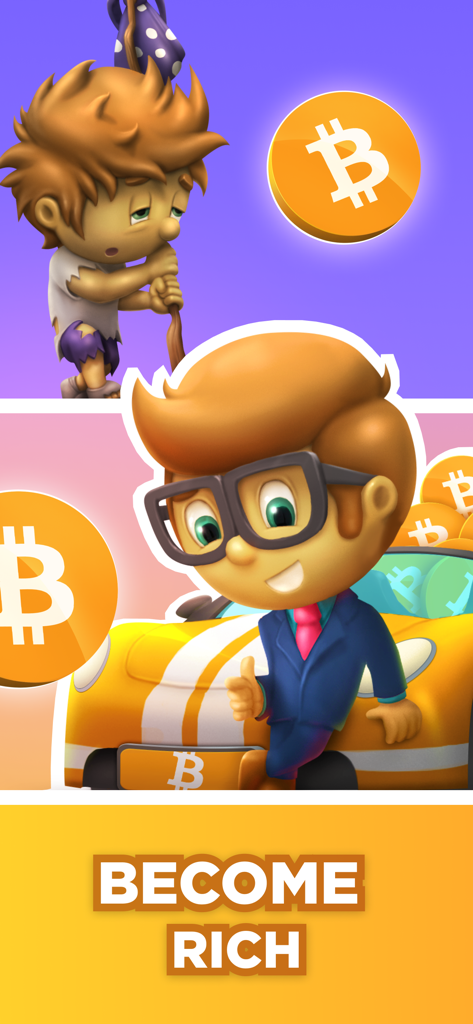 Crypto Miner: Bitcoin Factory - Una transformación de personaje de la pobreza a la riqueza de magnate de Bitcoin con un coche deportivo y el texto Conviértete en Rico.
