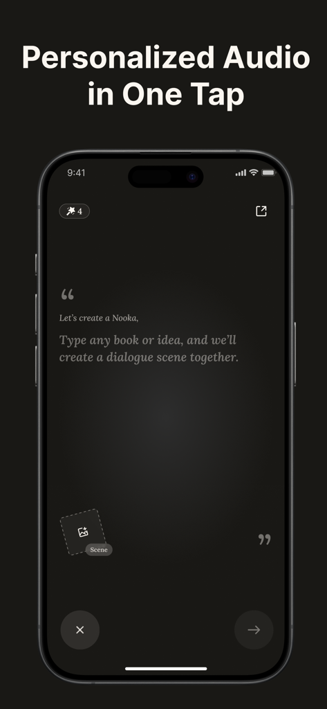 Nooka: Your Insight Feed - Mobile app screen for creating personalized audio dialogue scenes from books or ideas