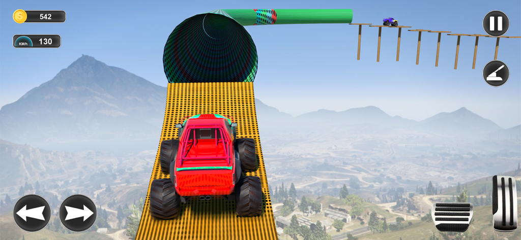 4x4 Monster Truck Games - Camión monstruo 4x4 rojo conduciendo sobre una rampa de acrobacias amarilla hacia un túnel verde