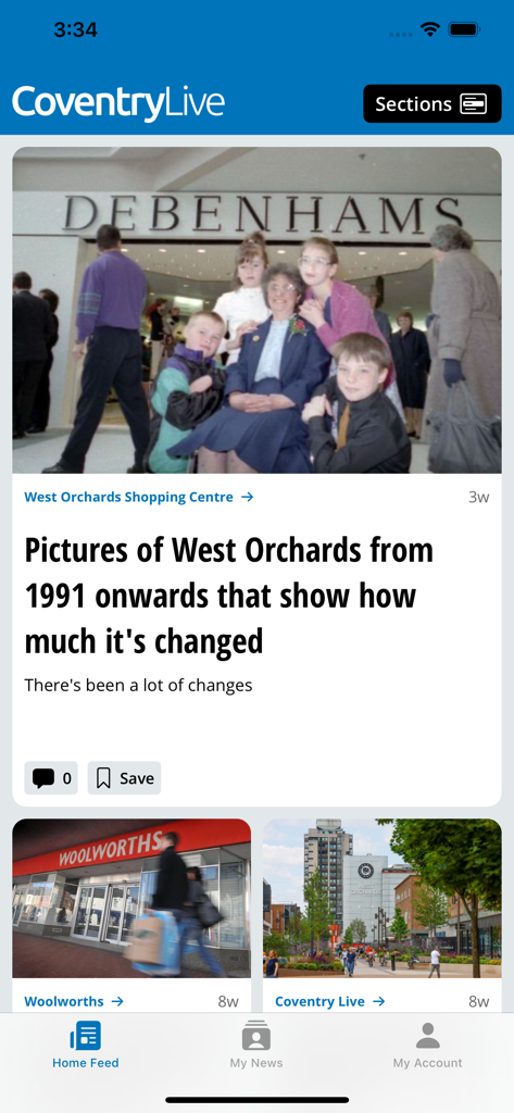 Coventry Live - Home feed of the Coventry Live news app featuring local news articles and nostalgia pieces about West Orchards shopping centre.