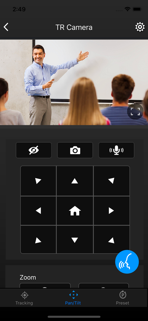 Interfaccia dell'app PTZ Control Panel che mostra i controlli direzionali di panoramica e inclinazione per una telecamera in aula