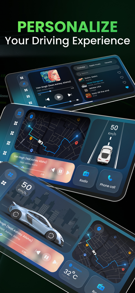 Three different customizable car dashboard layouts showing navigation maps, music playback, and vehicle speed stats in the Car.Play Connect app