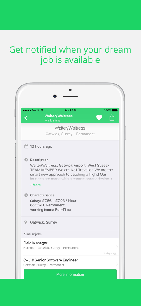 Trovit Jobs - Interfaz de la aplicación Trovit Empleo que muestra un listado detallado de un puesto de camarero en un iPhone