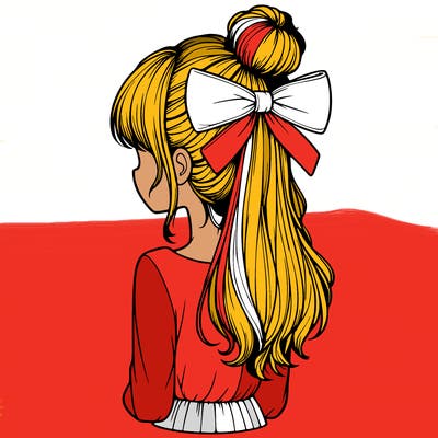 realistic girl  with hip length hair a bun and a big bow on the back of head