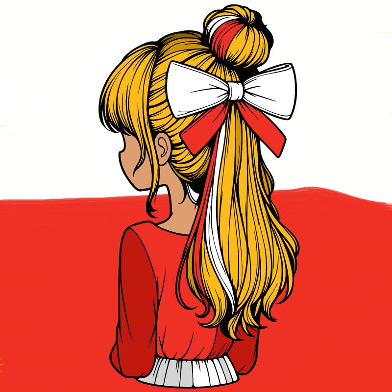 realistic girl  with hip length hair a bun and a big bow on the back of head