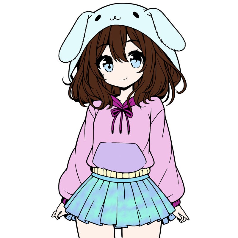 pretty anime girl wearing a fluffy hoodie with bunny ears on the hood and a skirt