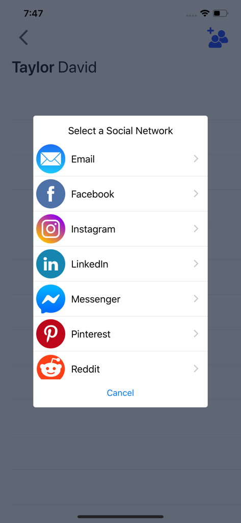 Select a social network menu listing platforms like Facebook Instagram and LinkedIn