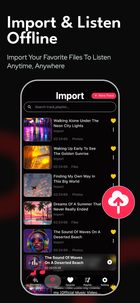 Player EQ - Music, Videos - The import screen of Player EQ app for managing and listening to offline music files.