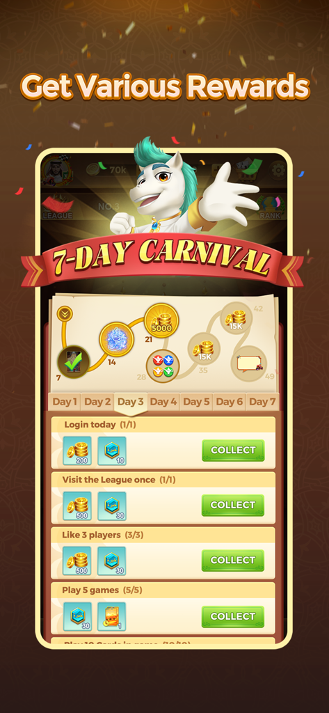 Yalla Jackaroo app interface showing the 7 day carnival reward system with daily tasks and prizes