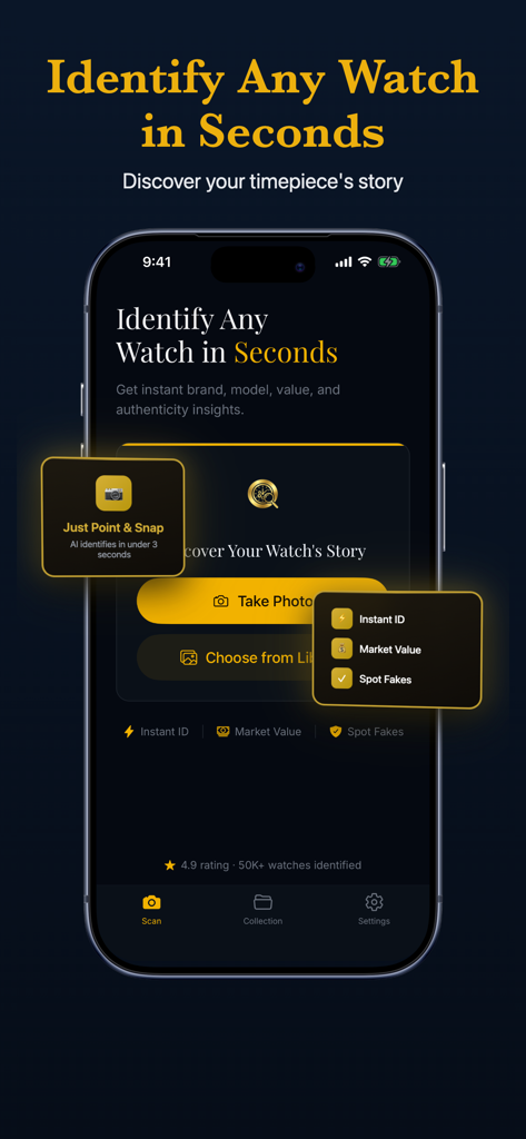 Pantalla de inicio de la aplicación Watch Identifier AI Scanner que muestra funciones para identificación instantánea de relojes, valor de mercado y detección de falsificaciones
