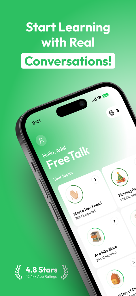 Kalam: Learn Arabic - Kalam Arabic learning app interface showing conversational practice topics and a 4.8 star rating