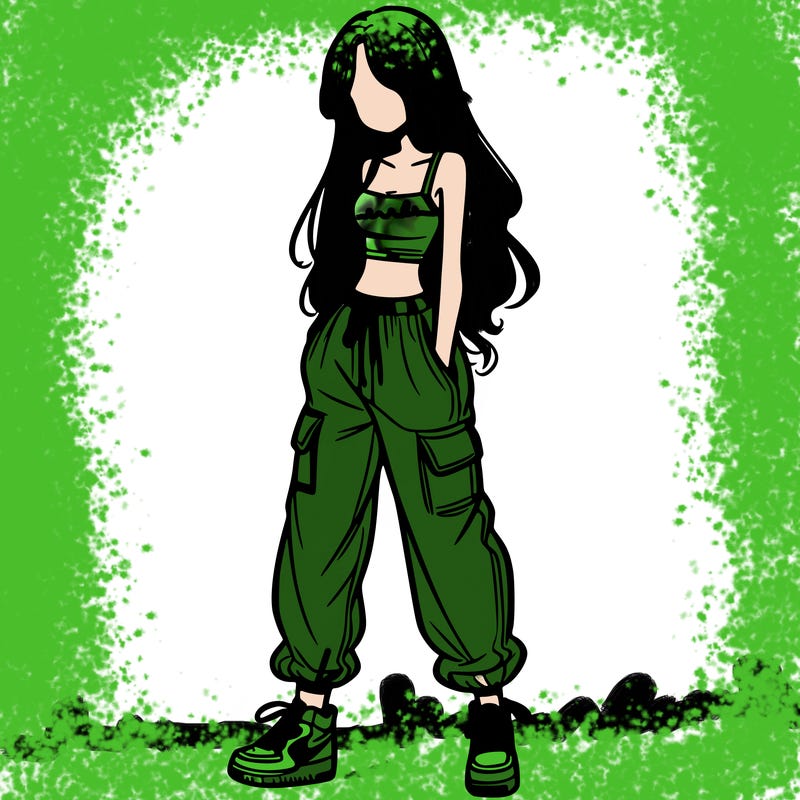 girl in baggy pants crop top and long hair