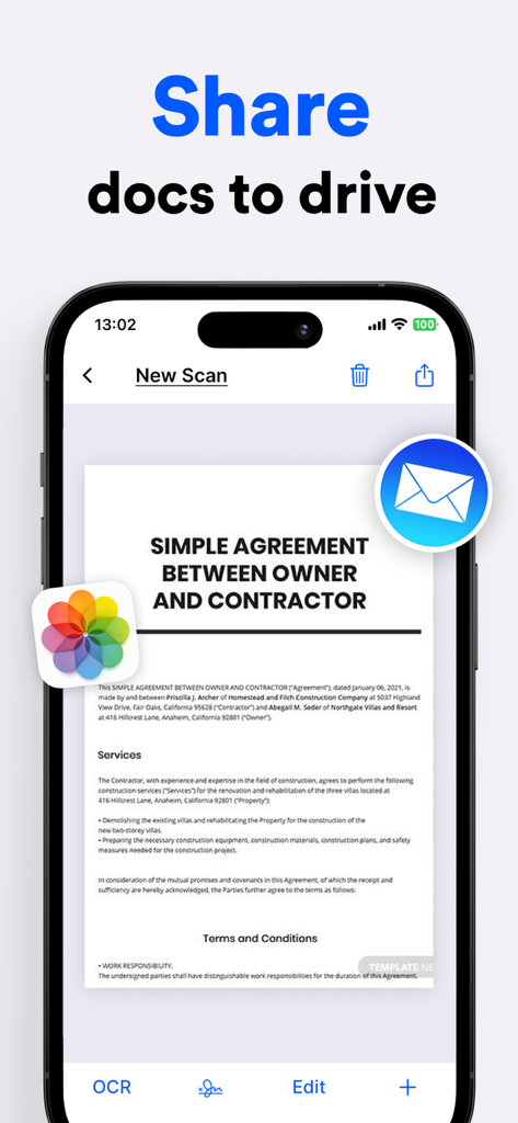 PDF Scanner: Scan Document - Tela do iPhone mostrando um contrato digitalizado dentro do aplicativo Scanner PDF com opções para compartilhar no Drive e por e-mail.