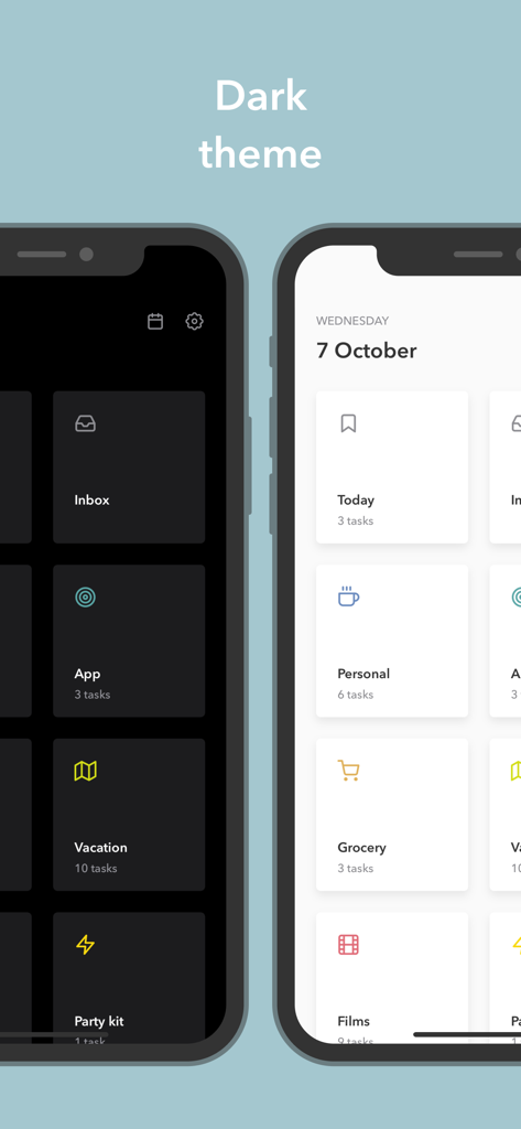 Mindlist — To Do List & Tasks - Comparison between light and dark themes in the Mindlist task management app interface