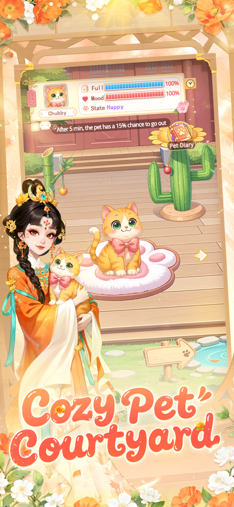 My Garden Tale - Uma personagem feminina segurando um gato malhado laranja na interface do Pátio de Animais Aconchegante.