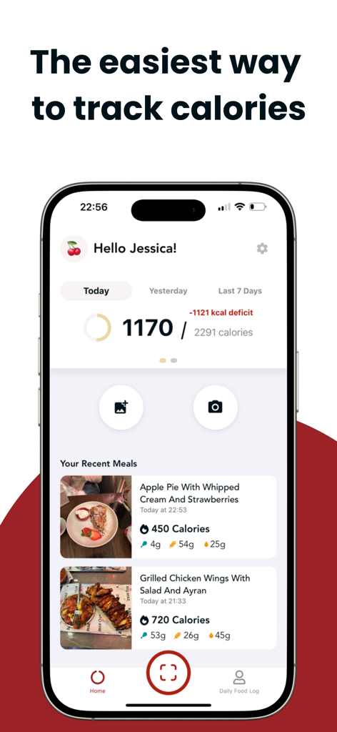 CalAI: Photo Calorie Tracker - Écran d'accueil de l'application CalAI affichant l'apport calorique quotidien et les journaux de repas récents par photo