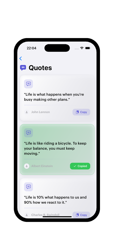 Cintraily - Movies & Shows - Un écran de l'application Cintraily affichant une liste de citations célèbres avec une fonctionnalité de copie.
