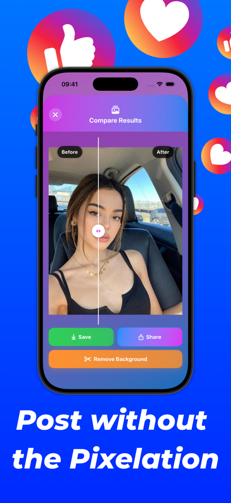 Upscale AI: HD Photo Enhancer - Comparação lado a lado de um retrato antes e depois de usar Upscale AI para aprimorar a resolução e remover a pixelização