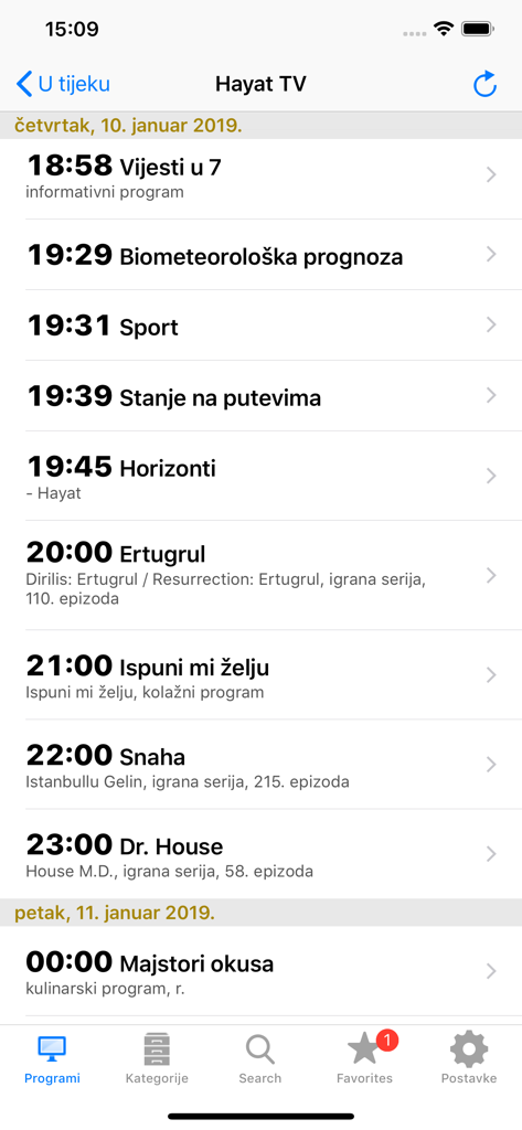 BiH TV - Daily TV program schedule for Hayat TV channel on the BiH TV mobile app interface