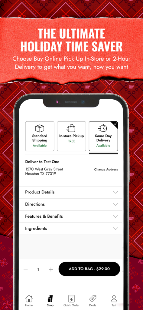 CosmoProf app screen showing shipping and in-store pickup options for professional beauty supplies