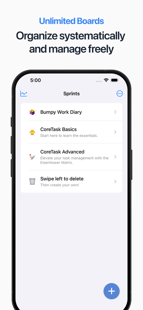 CoreTaskアプリのインターフェース。体系的な整理と生産性のための複数のタスクボードを表示。