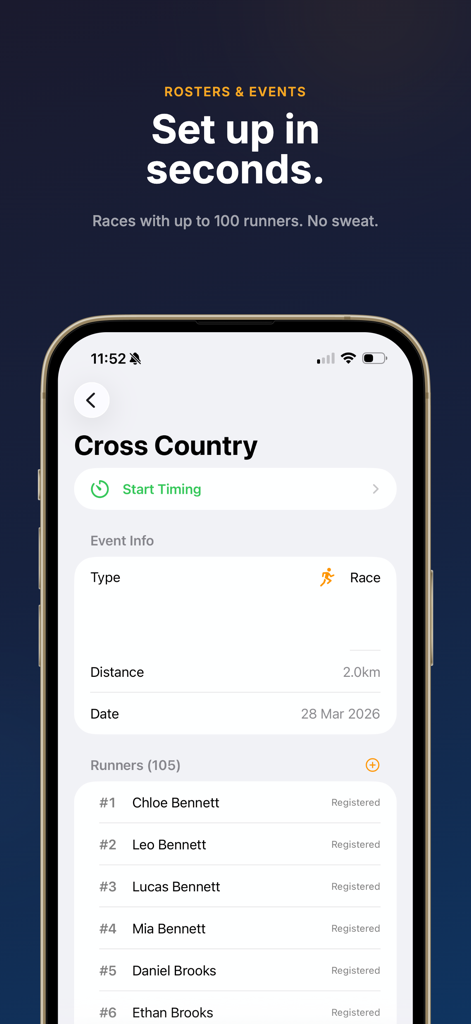 Run Lap Tap app showing cross country race setup with distance settings and a list of registered runners