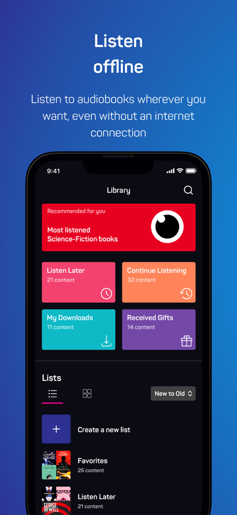 Dinlebi: Audiobook - Dinlebi app library interface showing offline listening and download options