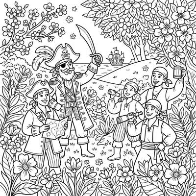 Set sail for creativity with this charming coloring page featuring a lively pirate crew enjoying a beautiful spring day. Discover a scene bursting with blooming flowers and the spirit of adventure, perfect for all ages.